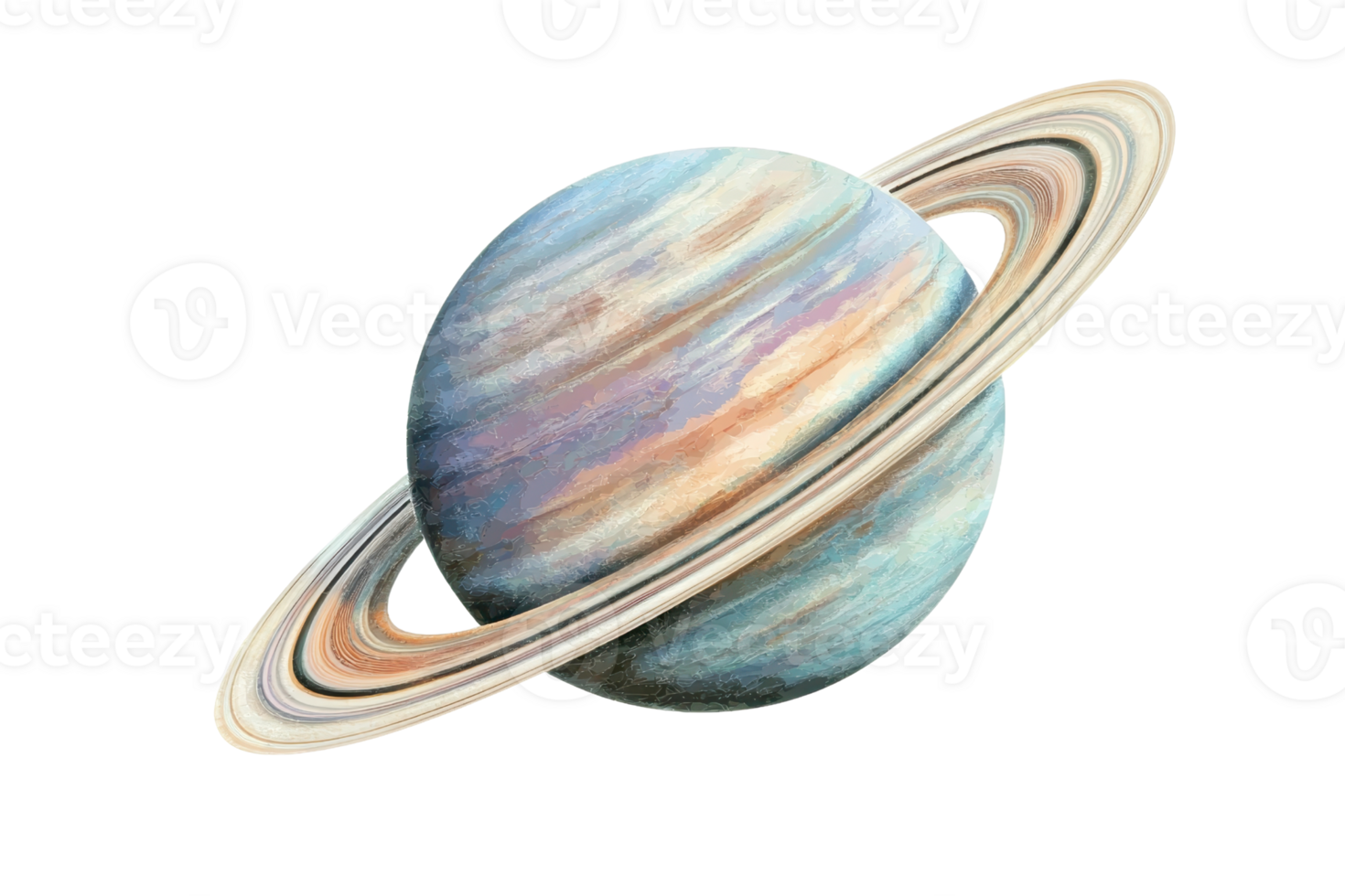 Digitally drawn image of a planet with colorful rings against a transparent background. showcasing an artistic view of space and astronomy. png