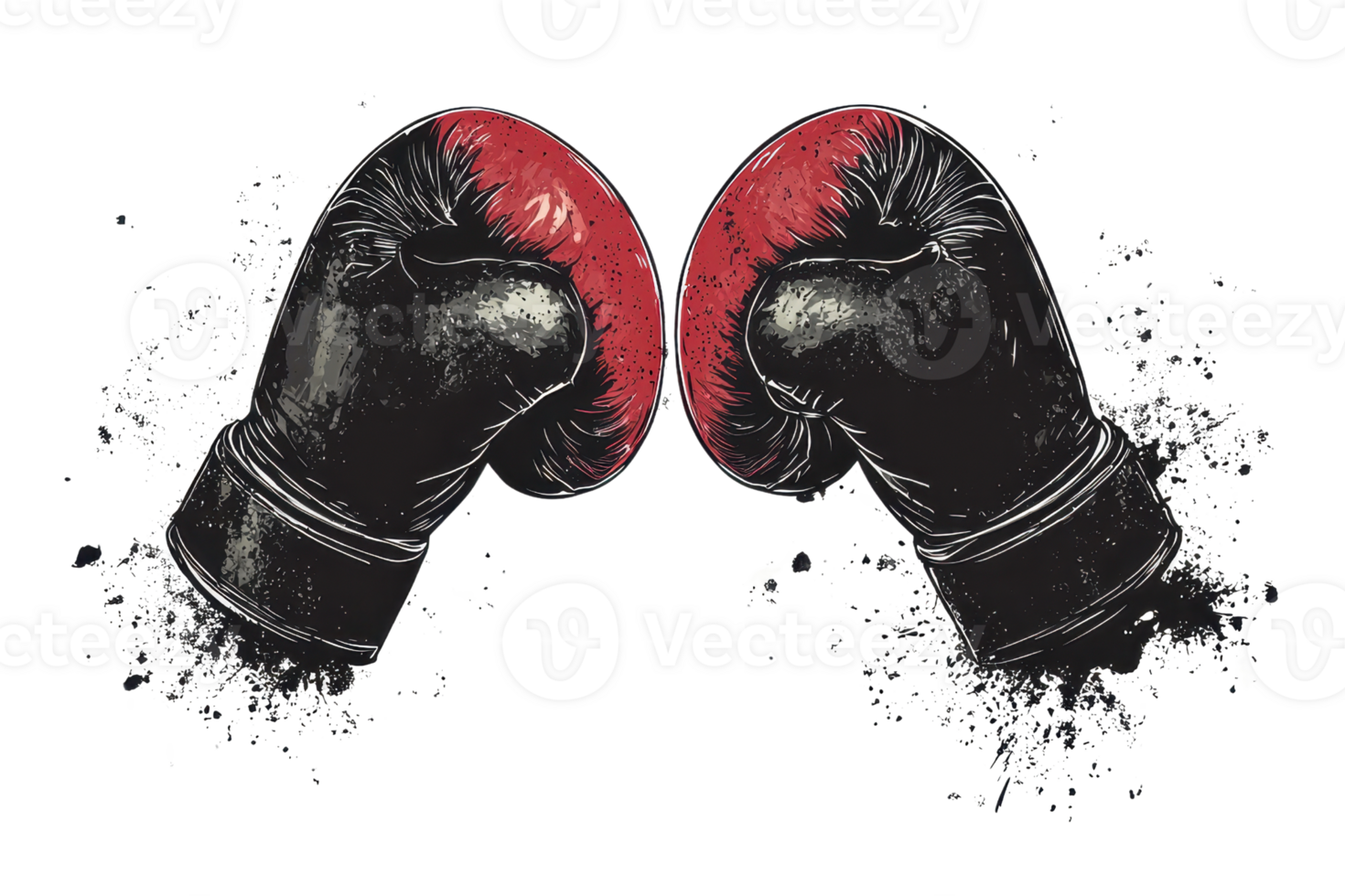 Dramatic illustration of two black and red boxing gloves facing each other, symbolizing competition and strength in sports. png