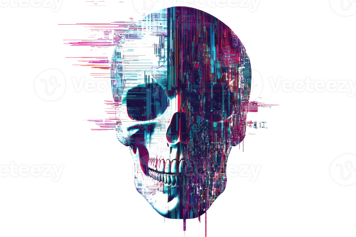 Digital glitch art depicting a skull blending technology and mortality in vivid colors, with fragmented pixels illustrating imperfection. png