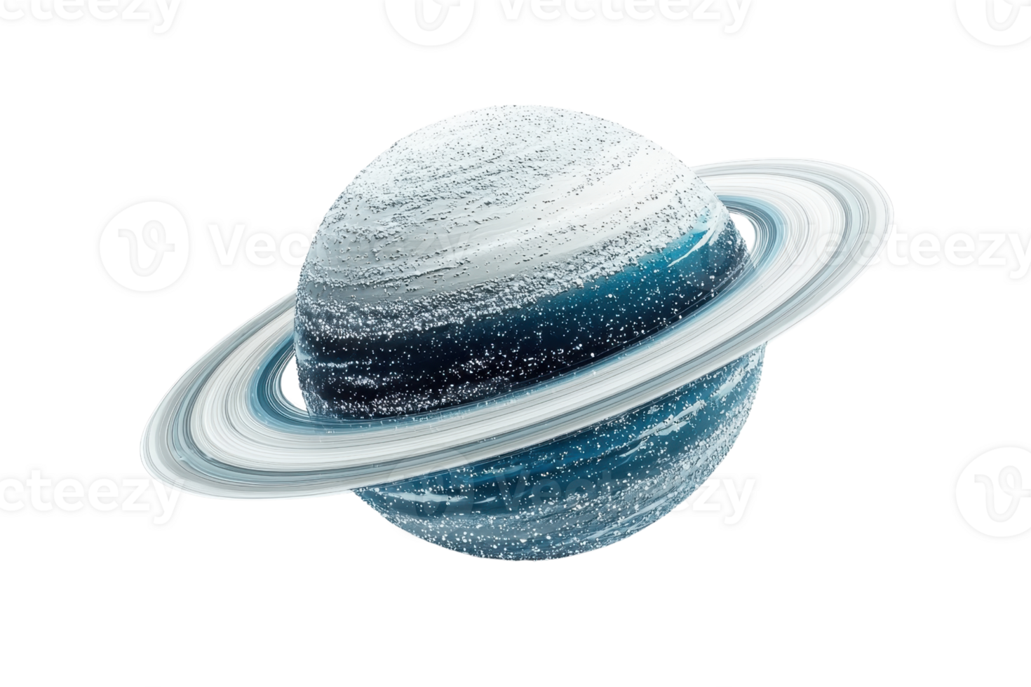 Digital illustration of a vibrant blue and white planet with distinct rings, showcasing a cosmic and futuristic space theme. png
