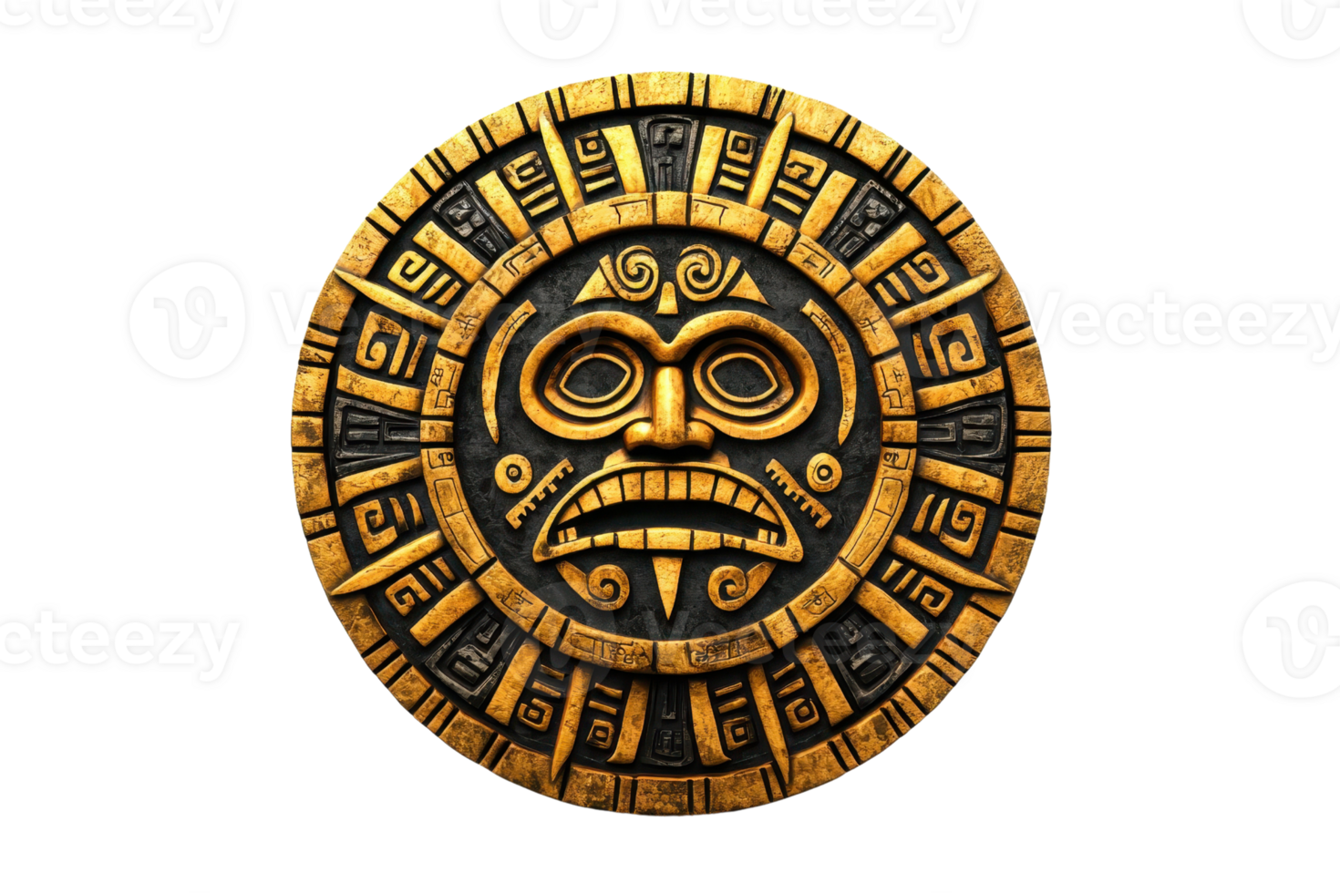Detailed Aztec calendar stone illustration featuring intricate carvings in gold and black, symbolizing ancient Mesoamerican culture. png