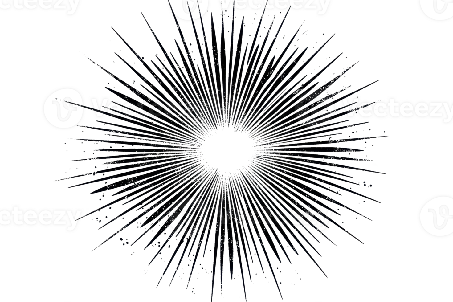 Dynamic abstract explosion of monochrome lines radiating from a central point, resembling a burst of energy or star in space. png