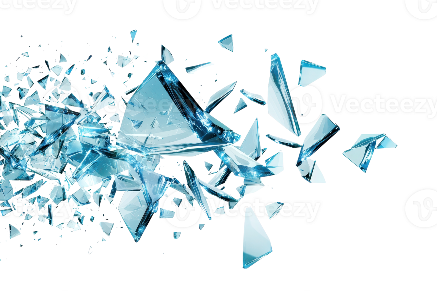 Dynamic image of shattered glass pieces flying through the air, capturing motion and energy. Ideal for concepts of destruction or transformation. png