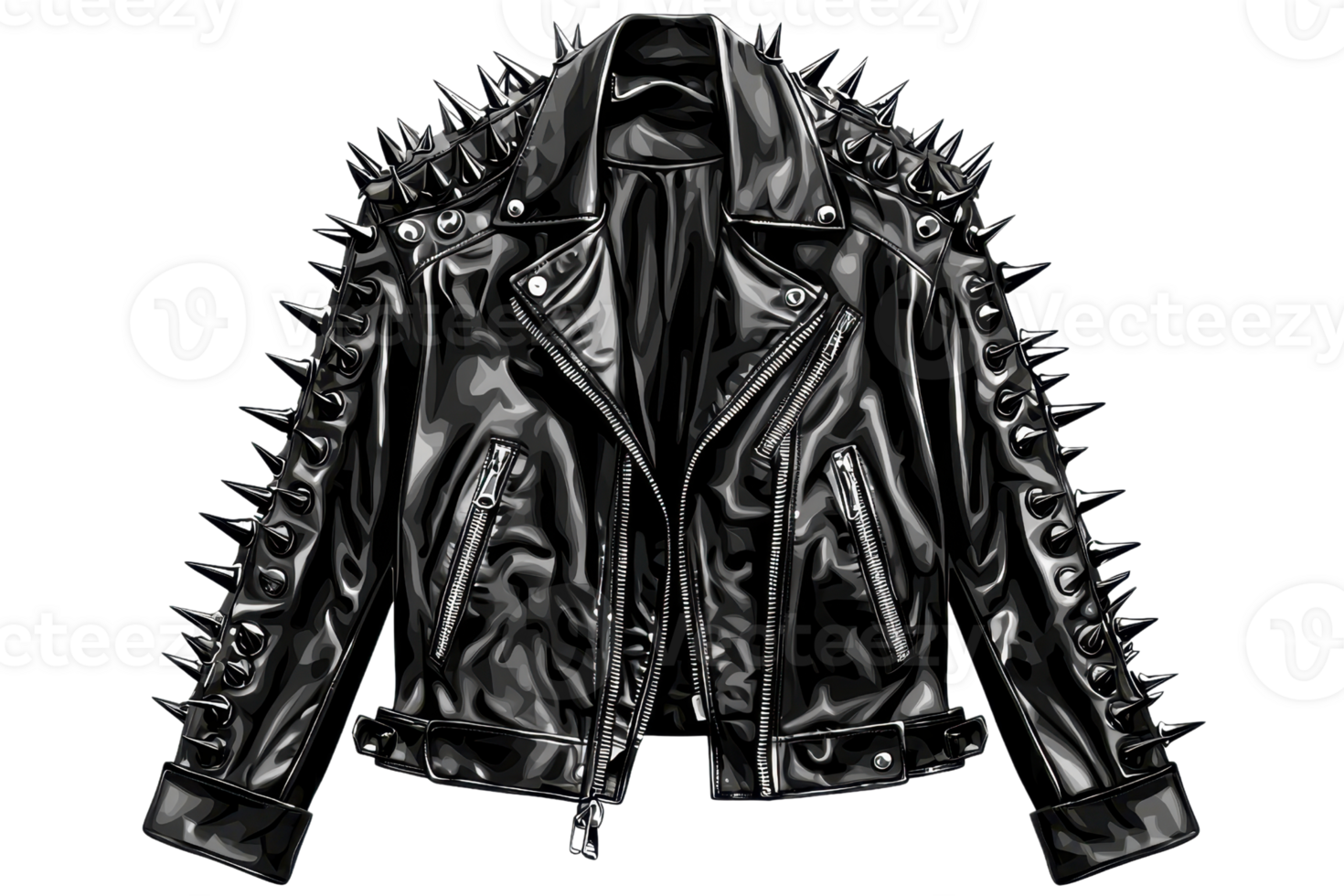 Edgy black leather jacket adorned with spikes, perfect for adding a bold statement to any outfit. Ideal for punk or rock fashion enthusiasts. png