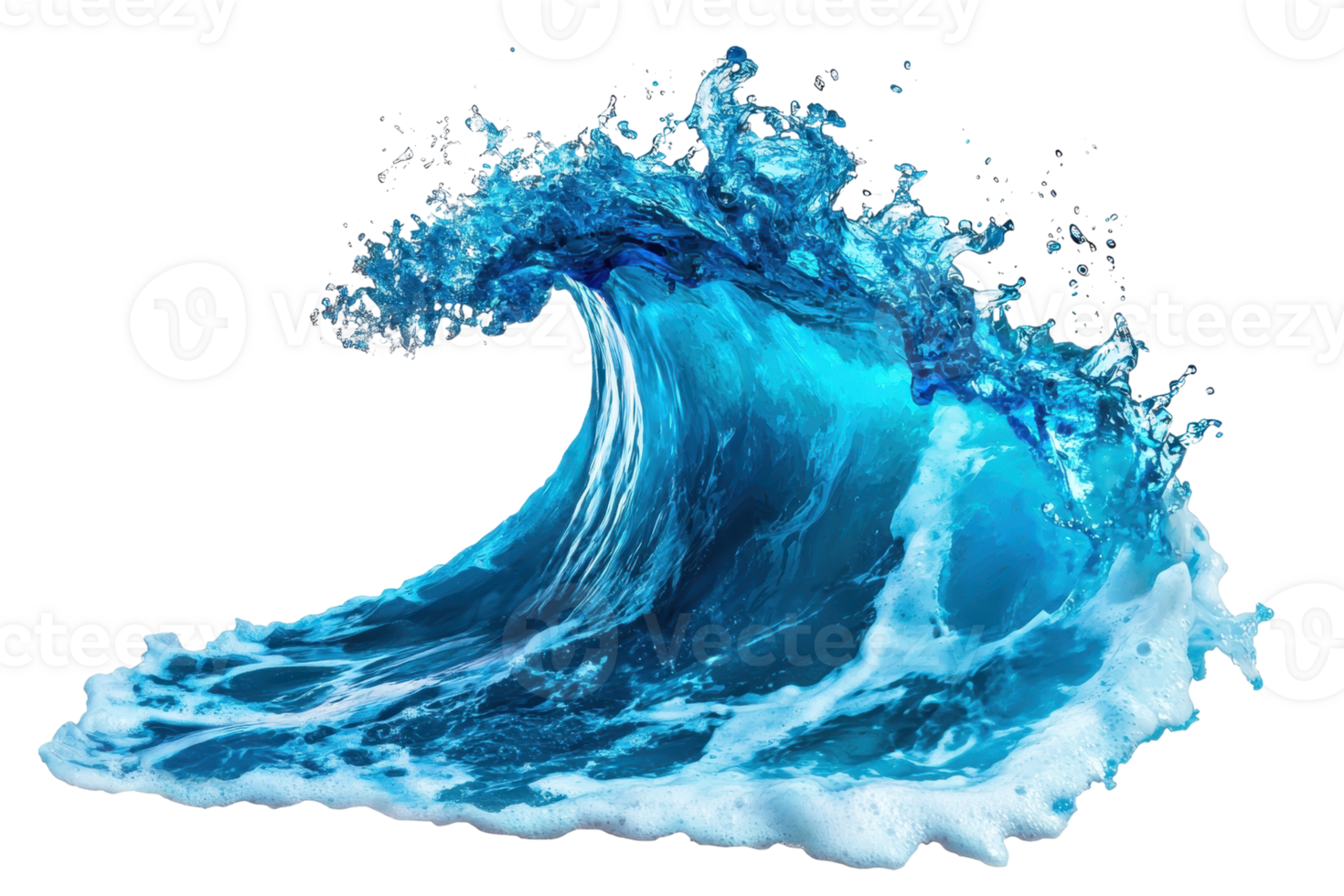 Dynamic ocean wave captured mid-surge, showcasing vibrant blue tones and the raw power of nature's aquatic energy. Perfect for marine themes. png