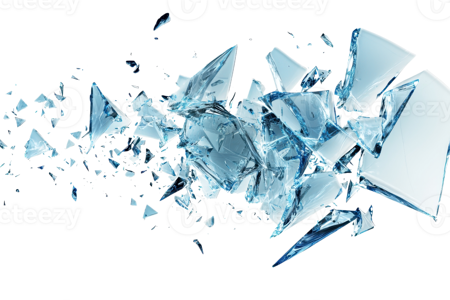 Dynamic shattered glass pieces flying through the air, creating a sense of motion and chaos against a transparent background. png