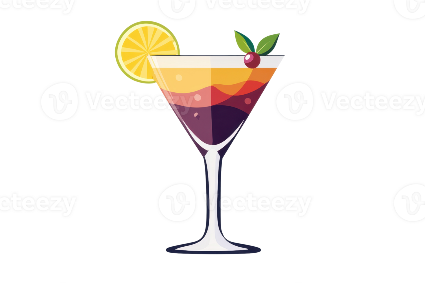 Elegant martini cocktail illustration featuring gradient colors in a glass, garnished with a slice of lemon, cherry, and mint. png