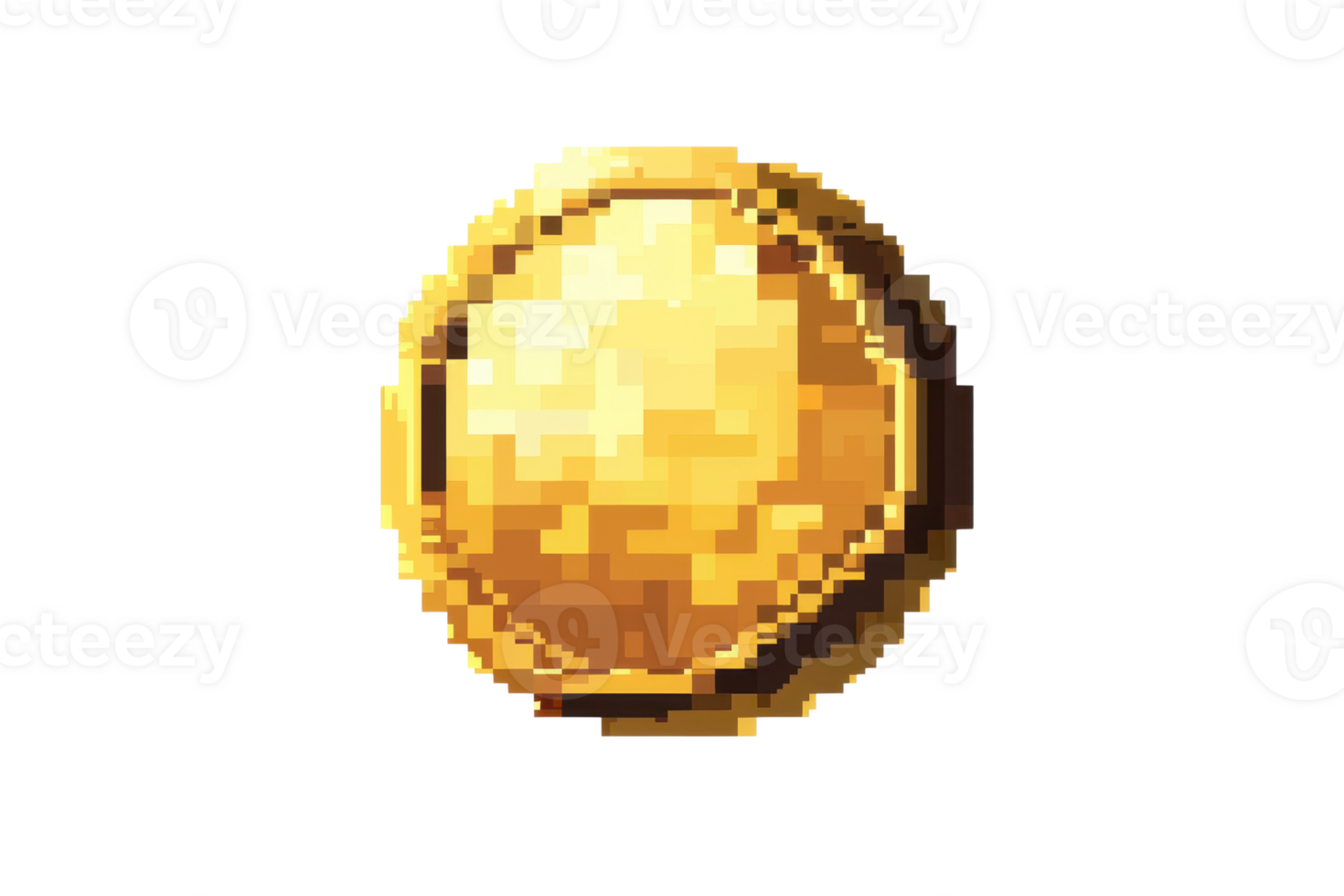Golden pixelated coin with intricate details, symbolizing digital currency and gaming rewards, isolated on a transparent background. png