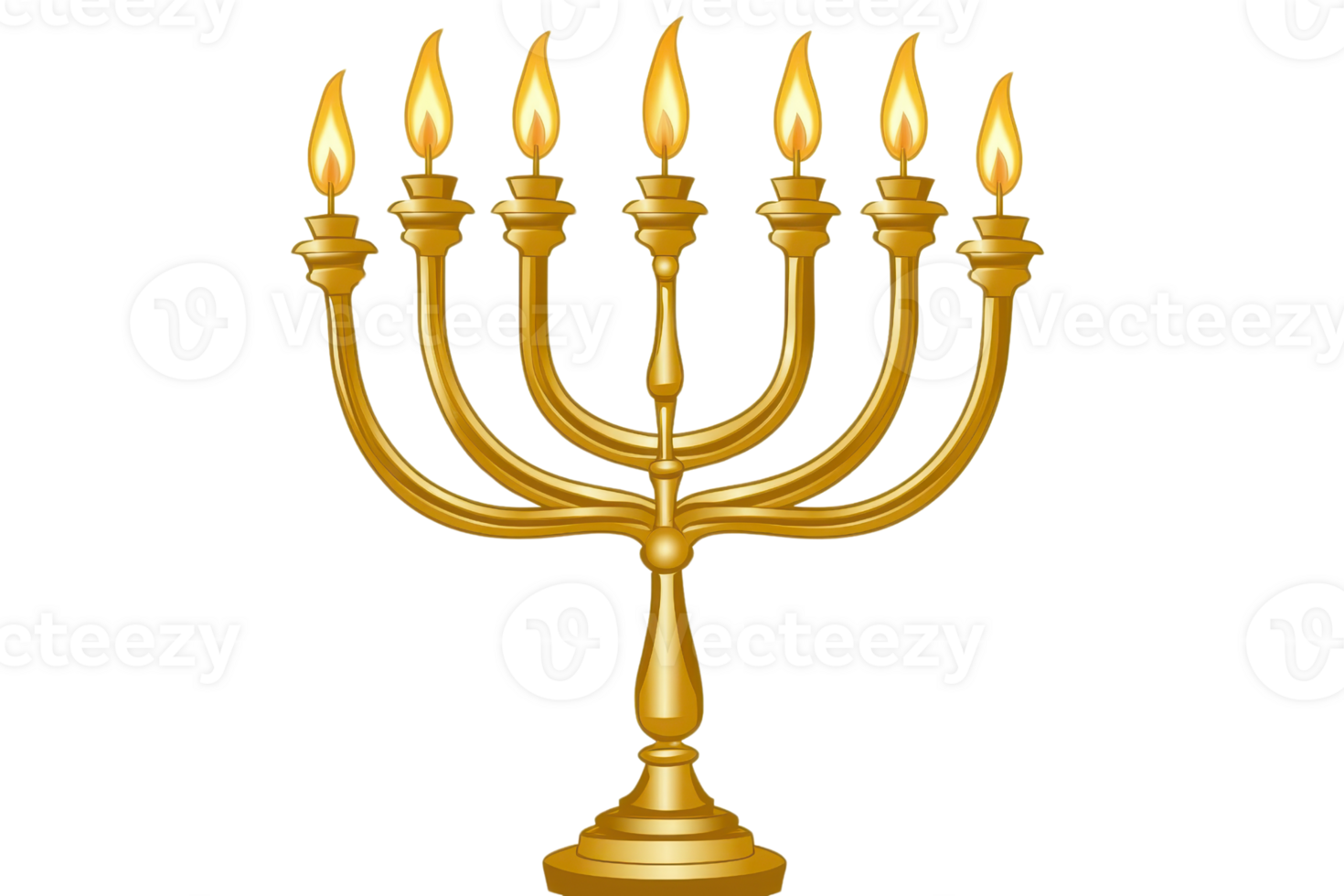 Golden menorah with seven lit candles, symbolizing Jewish heritage and Hanukkah traditions. Elegant religious ornament on transparent background. png