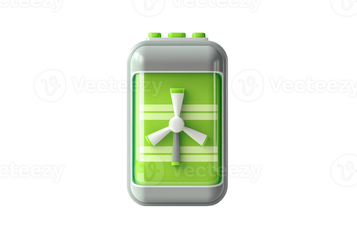 Green energy battery concept with wind turbine symbol, representing renewable energy and sustainable technology. png