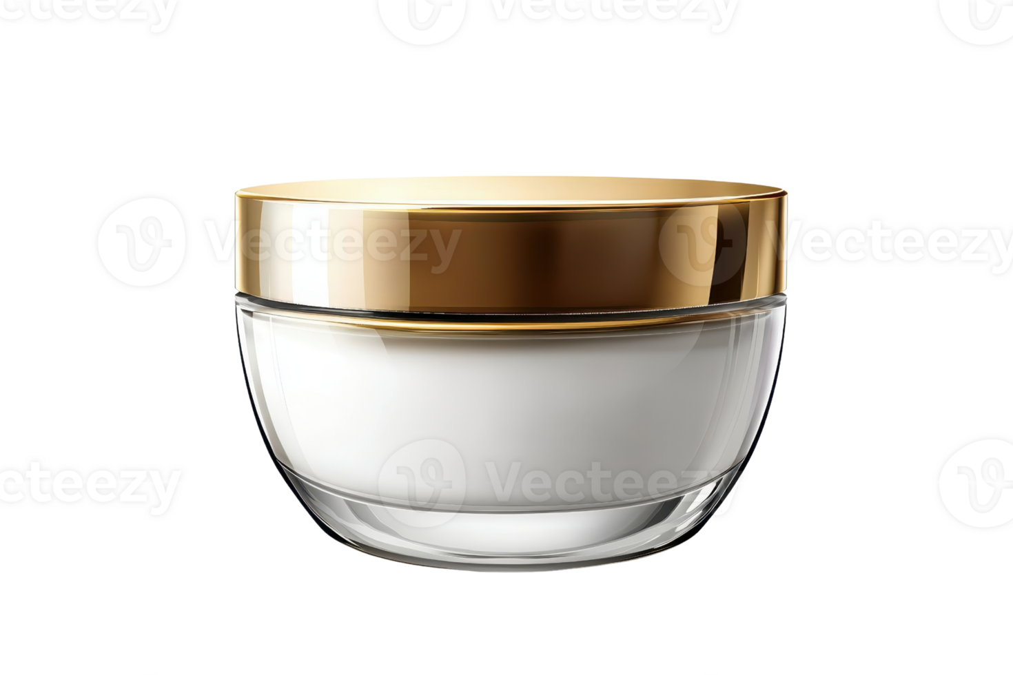 Elegant glass jar with gold lid containing luxurious white cream, perfect for skincare and beauty product presentations. png