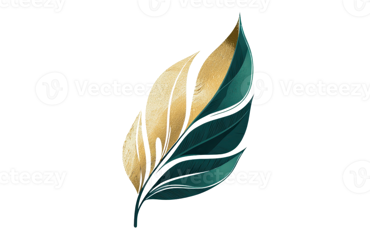Elegant golden and green leaf design with artistic details, perfect for nature-themed projects or decorative elements. png