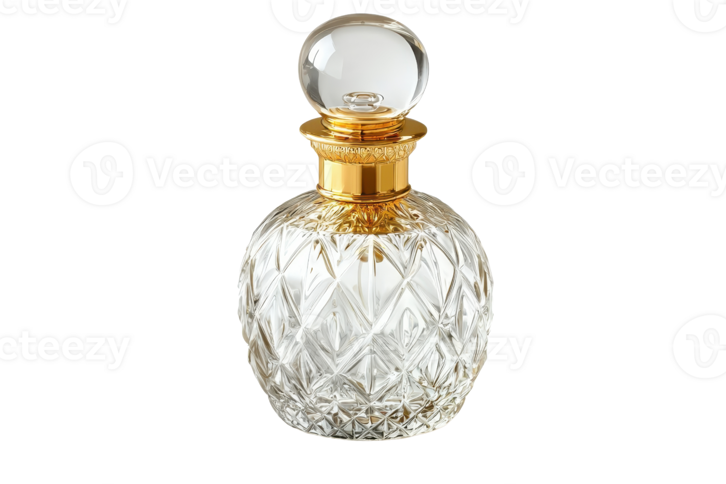 Elegant glass perfume bottle with intricate design and golden accents, reflecting timeless luxury and sophistication. png