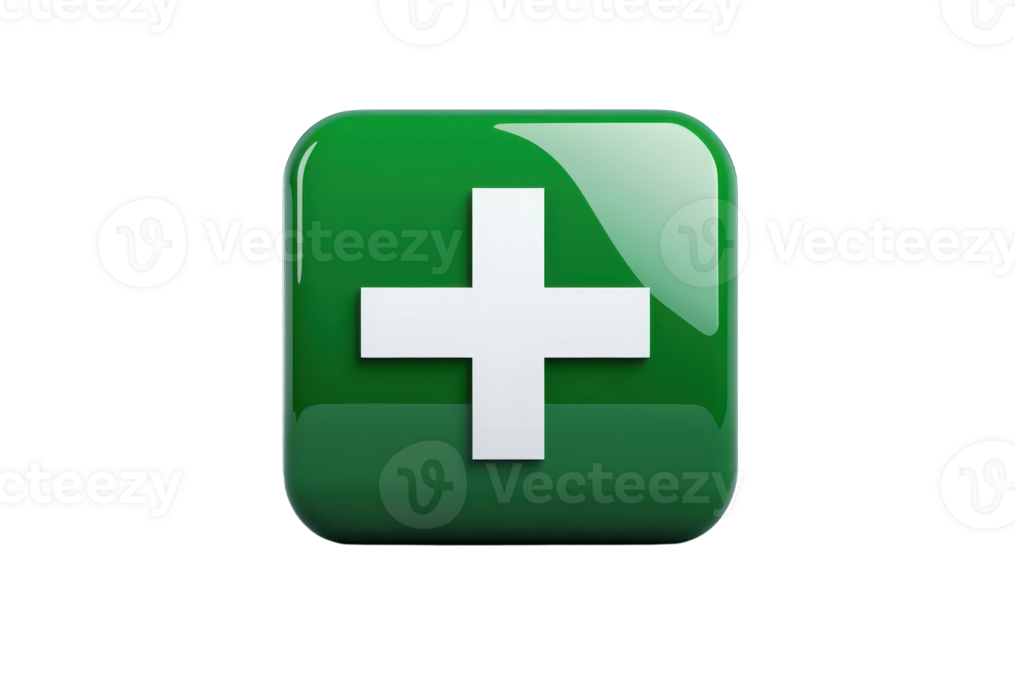 Green square icon with a white plus sign, symbolizing addition, healthcare, or positivity, isolated on a transparent background. for digital use. png