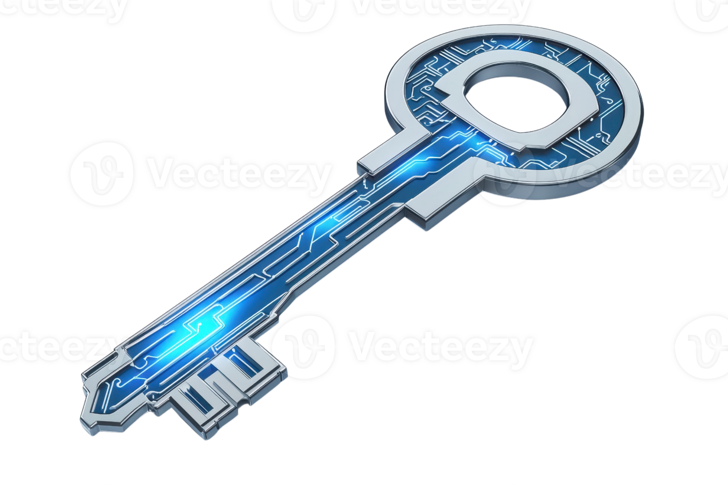 Futuristic digital key with circuit patterns symbolizing cybersecurity and information access. Ideal for tech concepts and digital protection. png