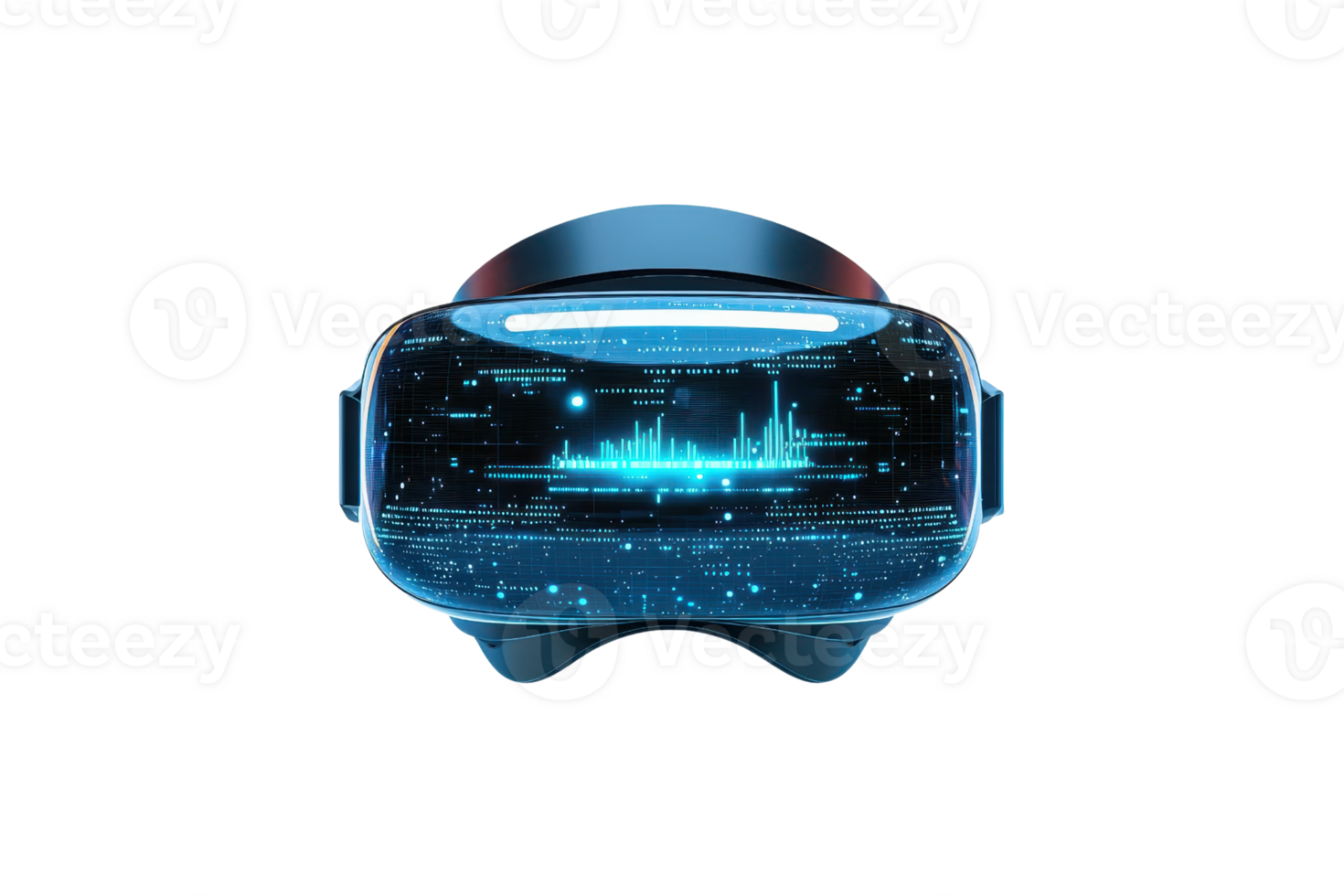Futuristic blue VR headset with holographic city display. Concept of virtual reality and immersive digital experiences. png