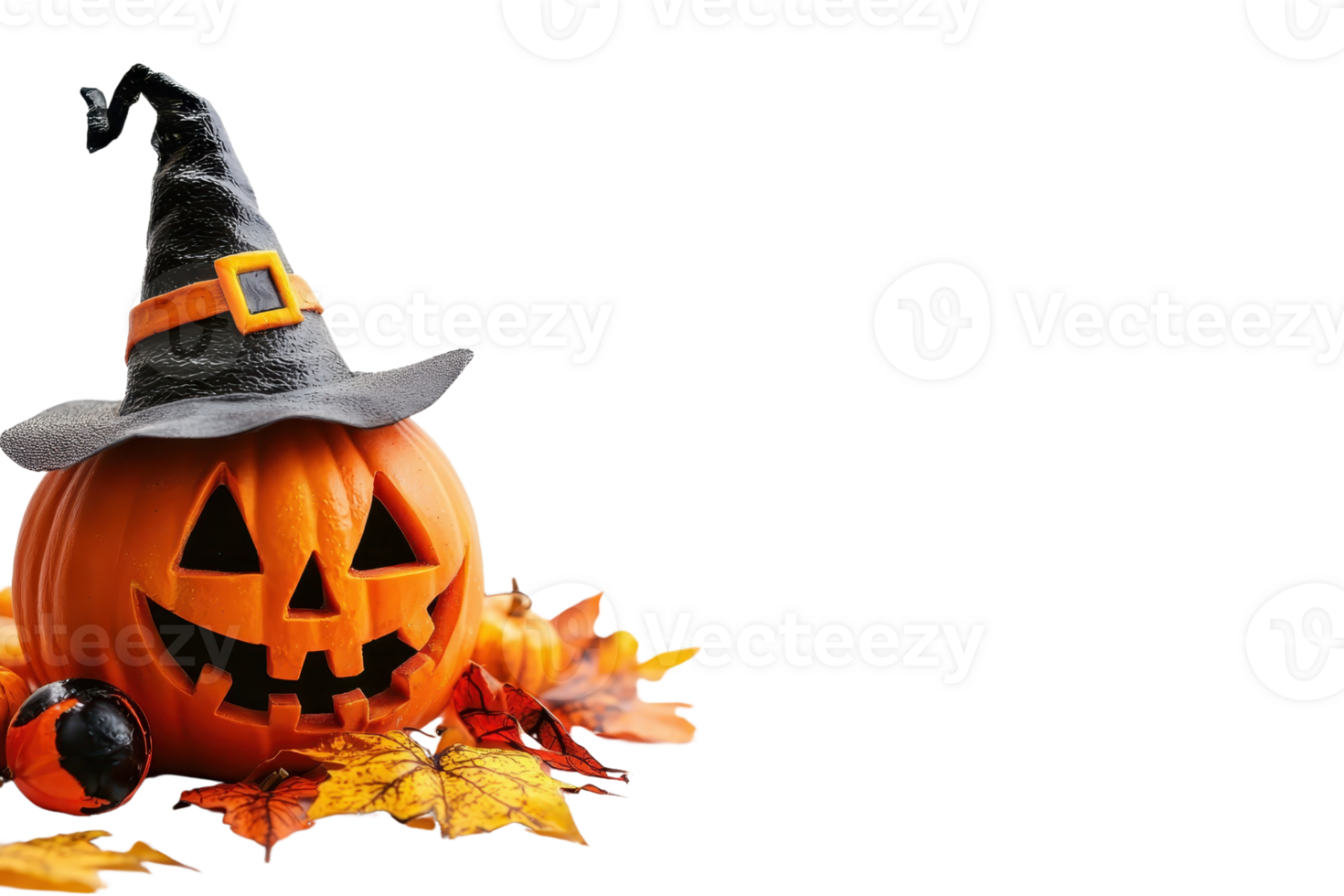 Festive Halloween pumpkin with witch hat, surrounded by autumn leaves, captures the spooky and playful spirit of Halloween celebrations. png