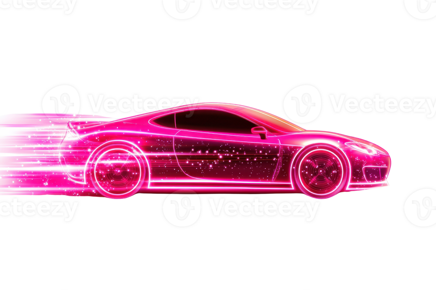 Futuristic neon sports car speeding with glowing trails, symbolizing innovation and advanced technology in automotive design. png