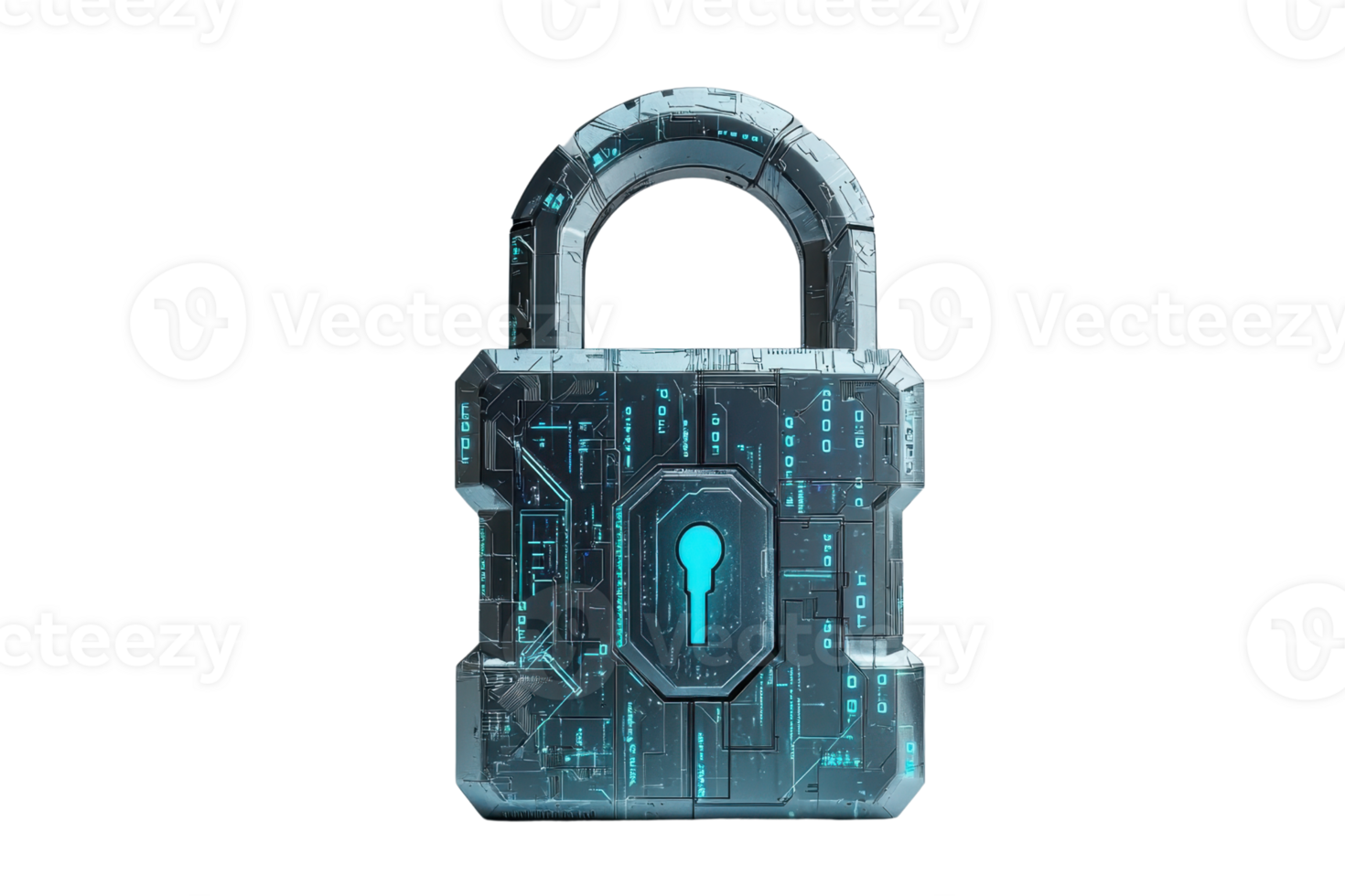 Futuristic digital padlock with glowing circuits representing cyber security and data protection in a high-tech environment. png