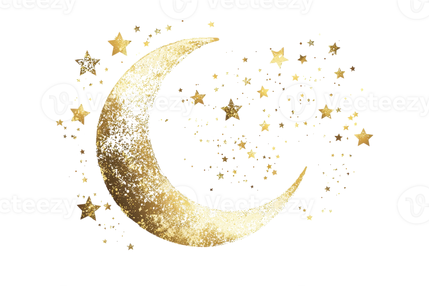 Golden crescent moon with sparkling stars on a dark background, evoking a sense of magic and wonder in the night sky. png