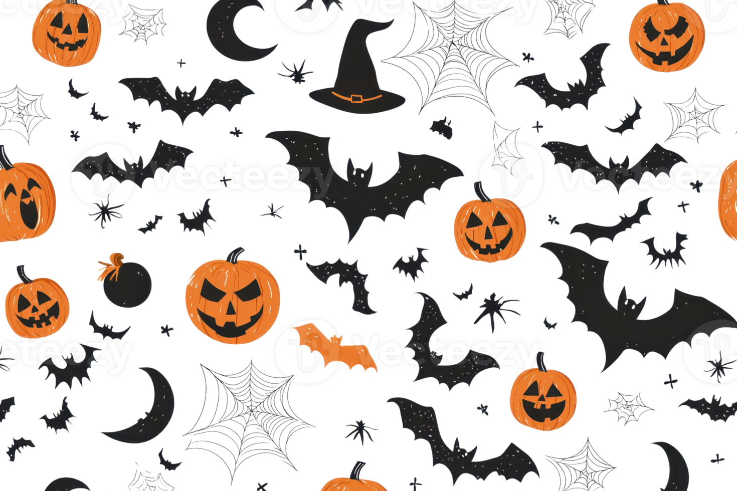 Halloween-themed pattern with pumpkins, bats, hats, and webs on a transparent background. perfect for festive decorations or backgrounds. png