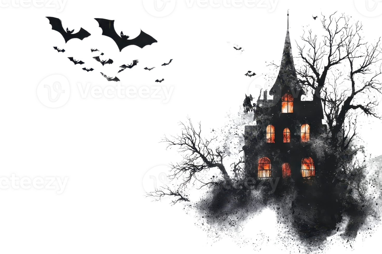 Haunted house with glowing windows and bats flying in the night sky, perfect for Halloween themes or spooky designs. png