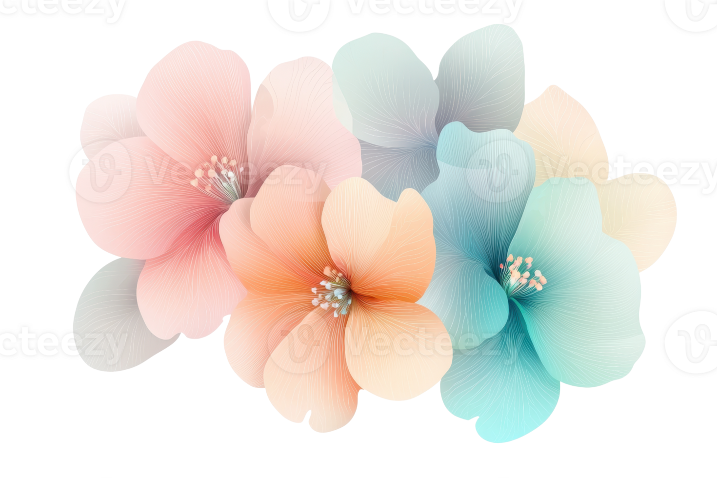 Elegant pastel flowers in soft hues blend seamlessly, creating a serene and calming floral arrangement perfect for any design project. png