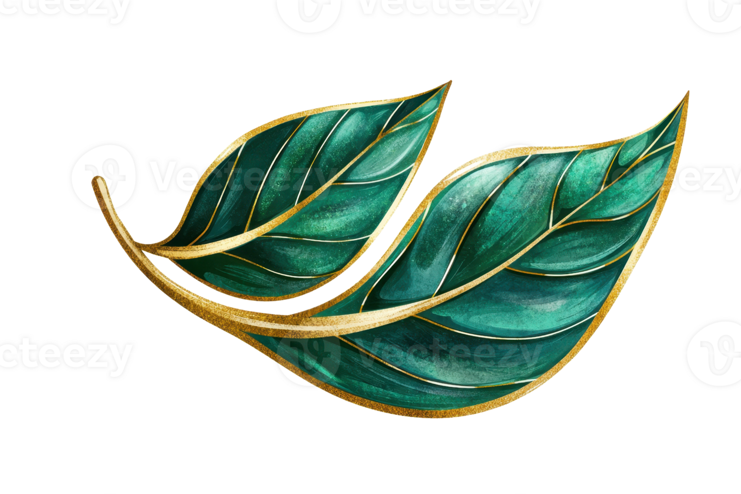 Elegant illustration of two emerald leaves with golden veins, depicting nature's beauty and artistry. Perfect for design and decor inspiration. png