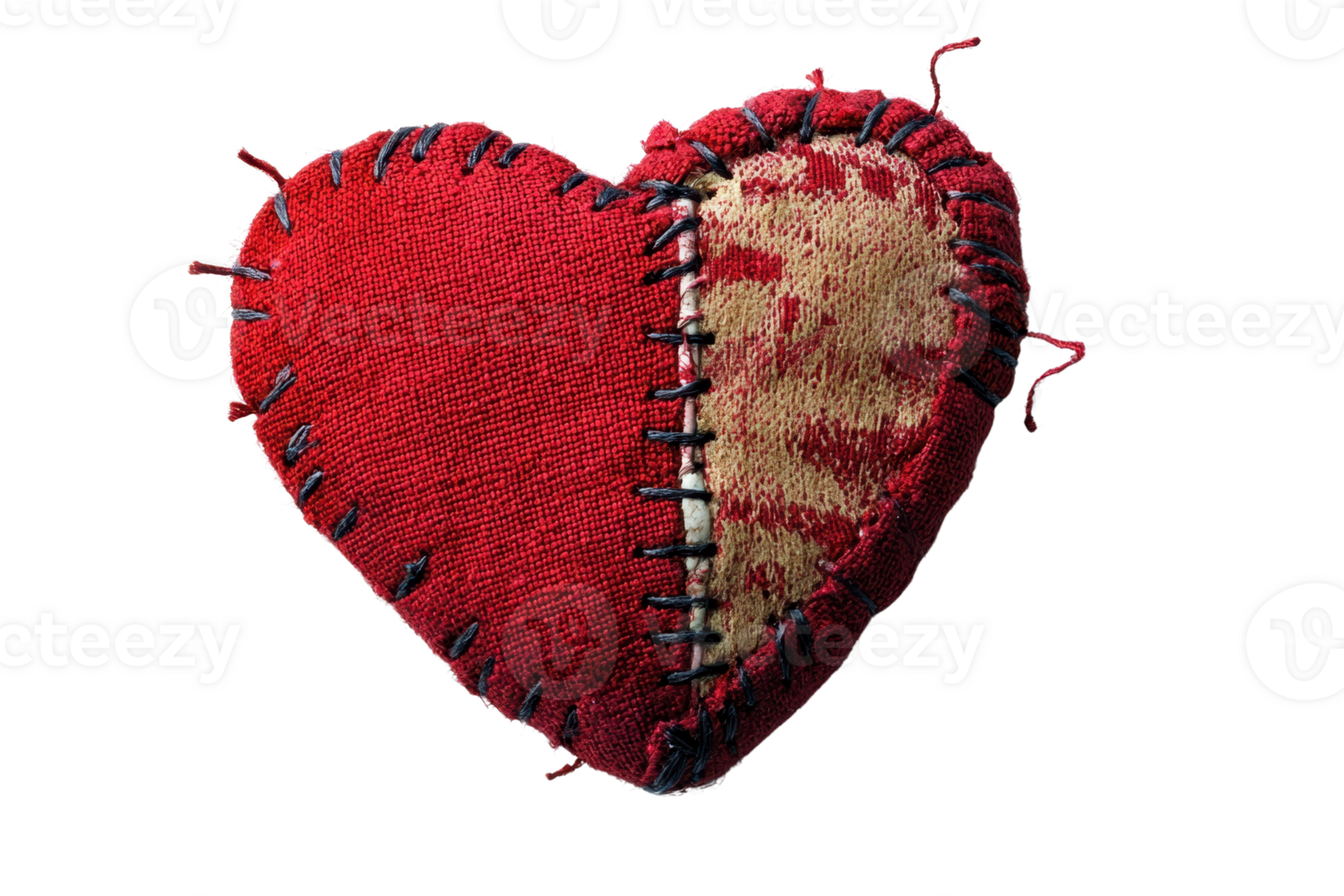 Handmade fabric heart with red and beige patches, showing unique stitching as an artistic representation of love and creativity. png