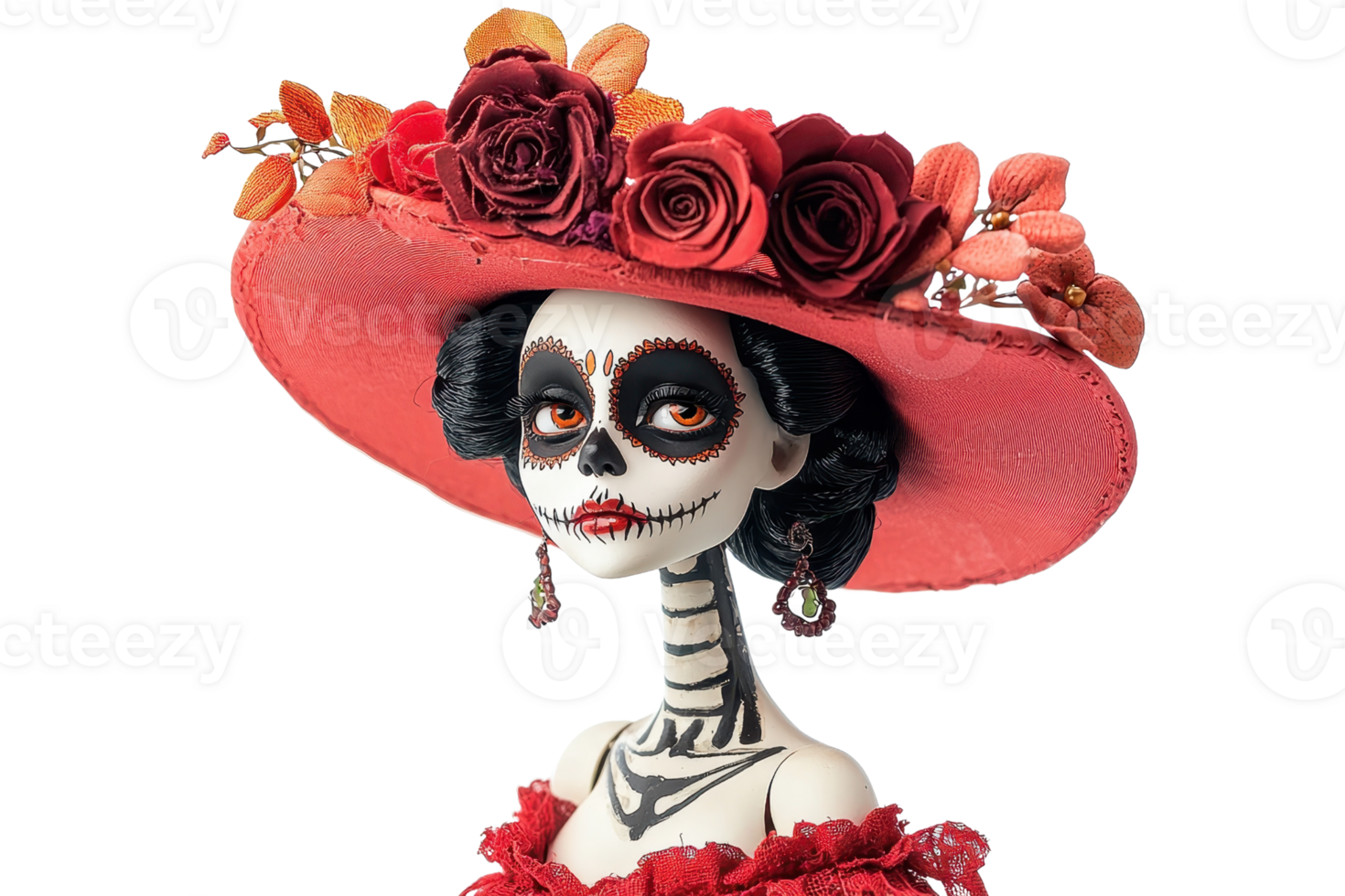 Elegant skeleton figure adorned with a red floral hat, celebrating Day of the Dead festivities with intricate makeup and traditional attire. png