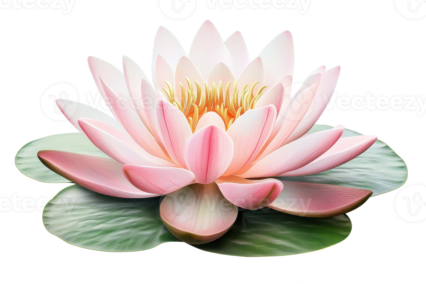 Elegant pink lotus blossom floating on tranquil water, surrounded by green leaves, symbolizing peace, purity, and natural beauty. png