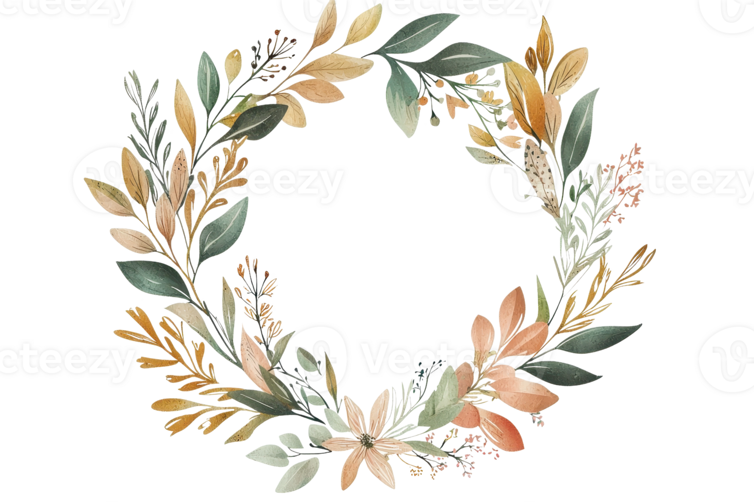 Elegant watercolor floral wreath with leaves and branches in pastel colors, perfect for wedding invitations or seasonal decorations. png