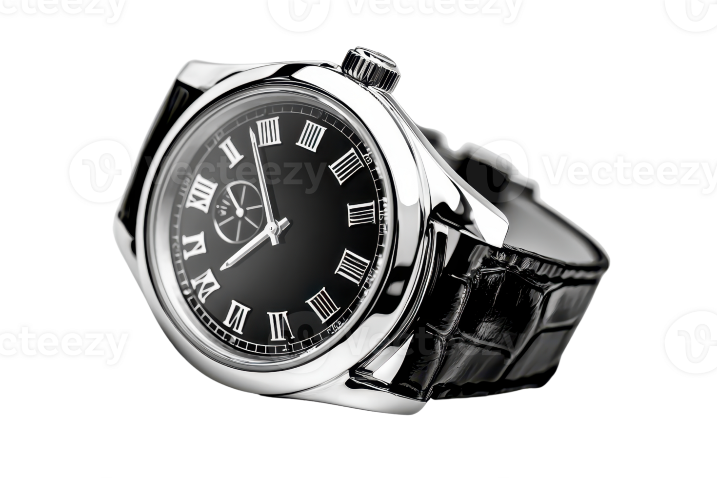 Elegant wristwatch with a black leather strap and stainless steel casing, featuring Roman numerals and a classic design ideal for luxury fashion. png