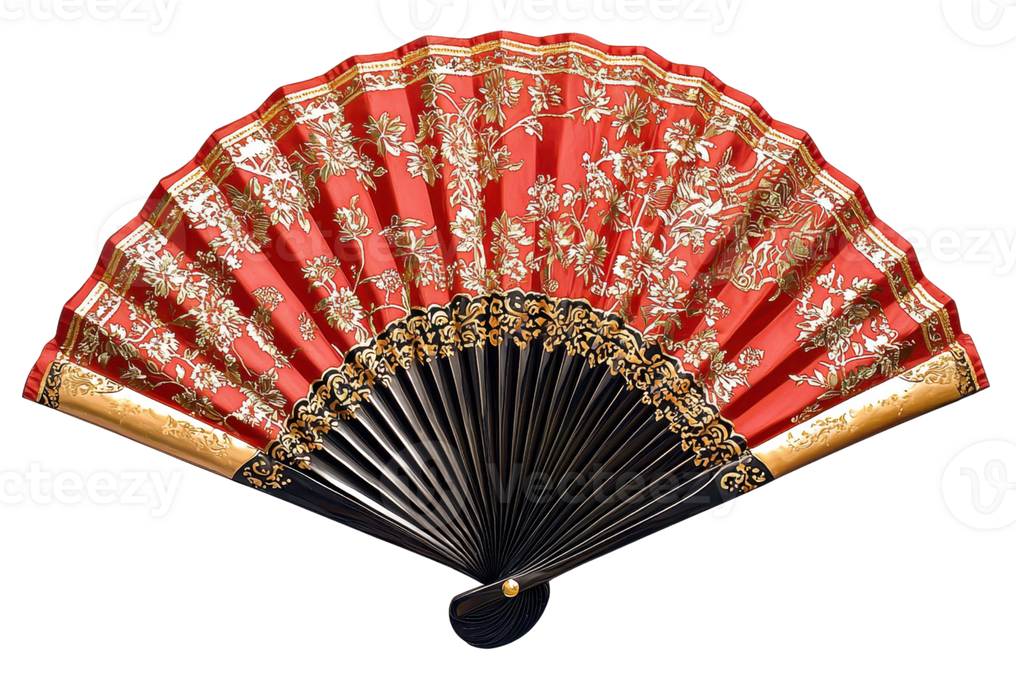 Elegant traditional Asian fan with intricate gold patterns on a vibrant red fabric background, showcasing cultural artistry. png