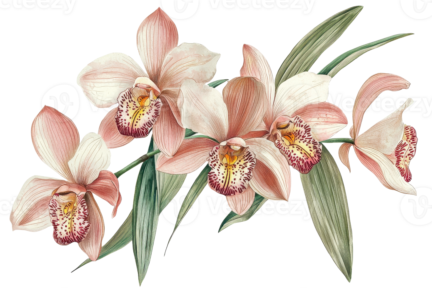 Elegant watercolor illustration of pink orchids with lush green leaves, showcasing delicate petals and artistic botanical beauty. png
