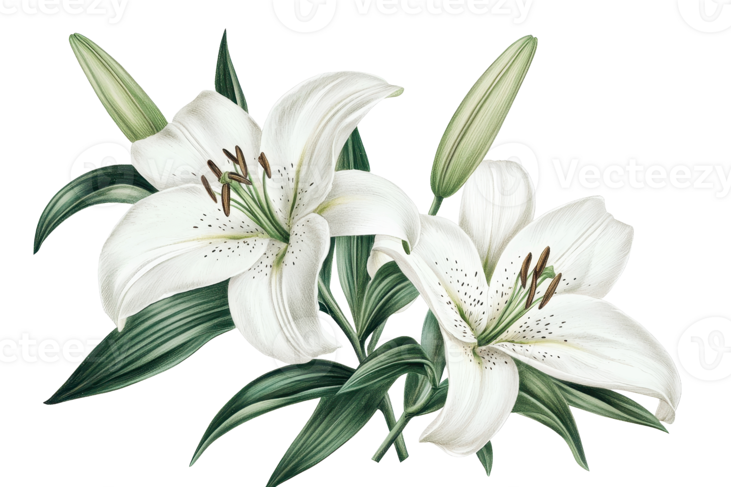 Elegant white lilies with lush green leaves, symbolizing purity and renewal. Perfect for floral, nature, and decorative themes. png