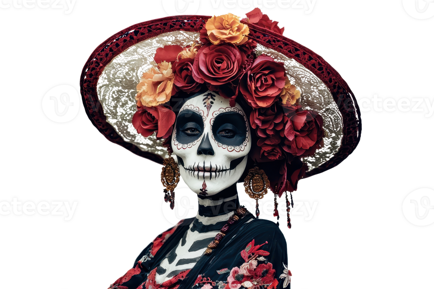 Elegant woman in Day of the Dead costume with floral hat, face paint, celebrating Mexican tradition, isolated on transparent background. png