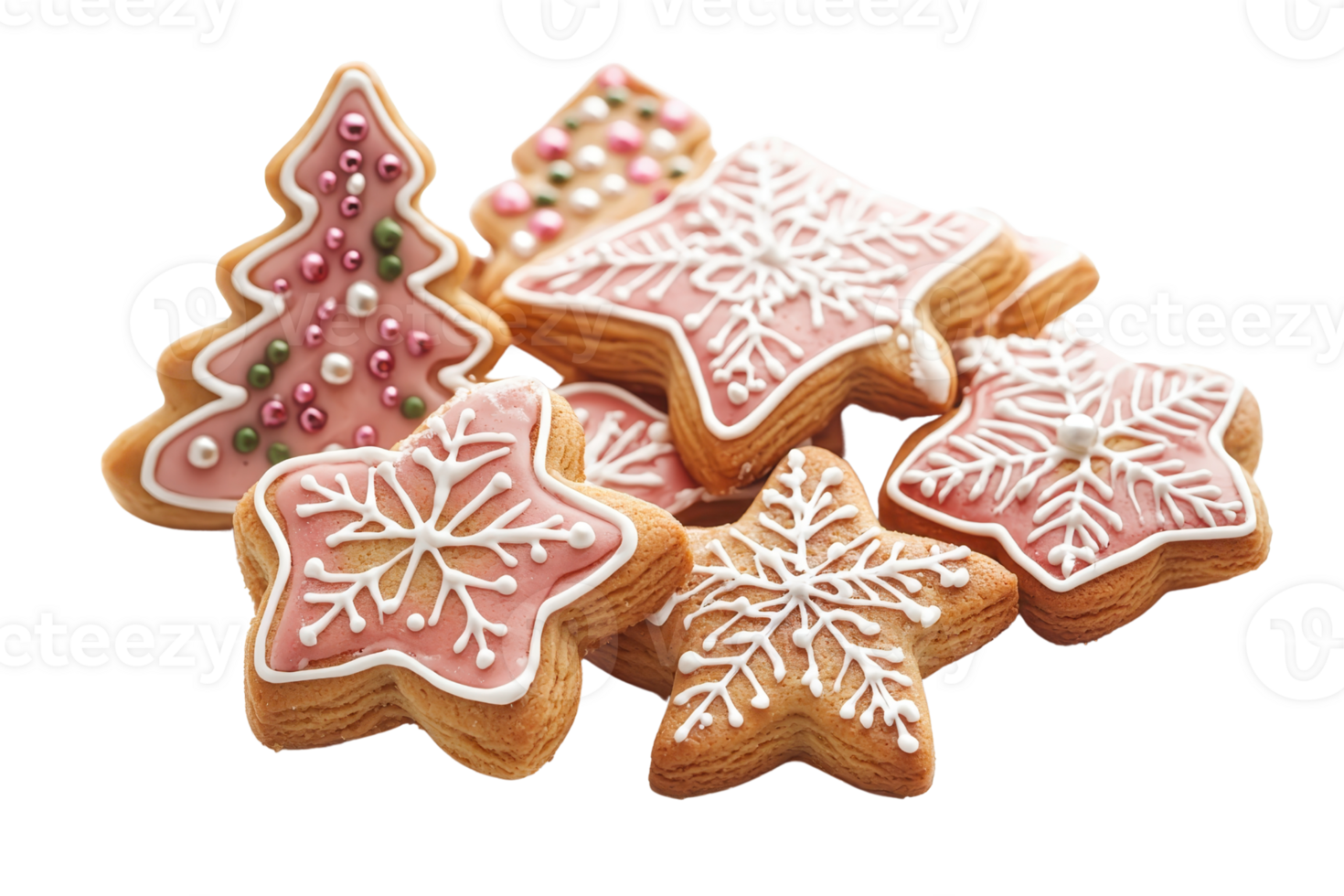 Festive Christmas cookies decorated with icing in star and tree shapes, perfect for holiday celebrations and baking themes. png