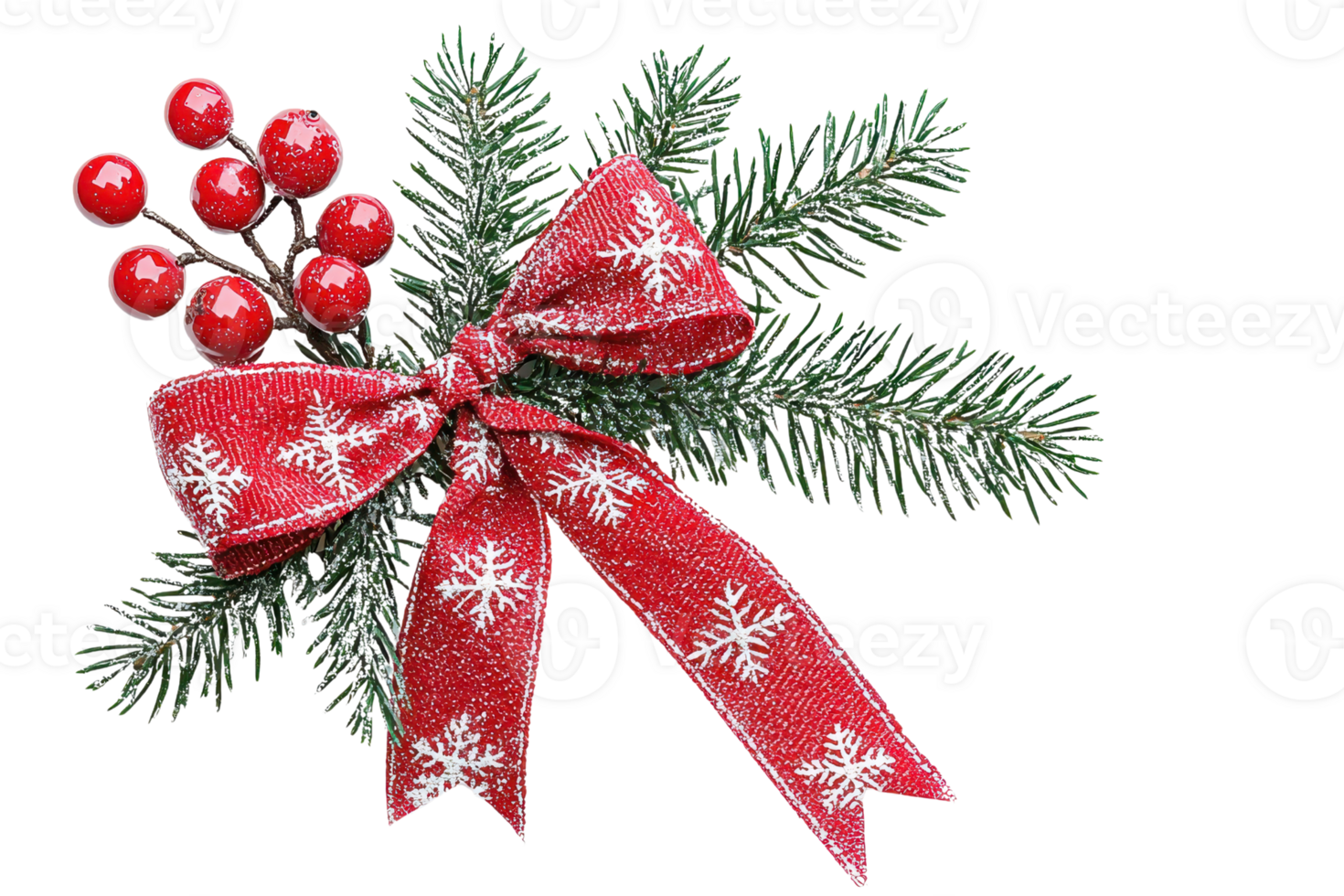Festive Christmas decoration with red bow, snowflake pattern, pine branches, and berries, perfect for holiday decor or greeting cards. png