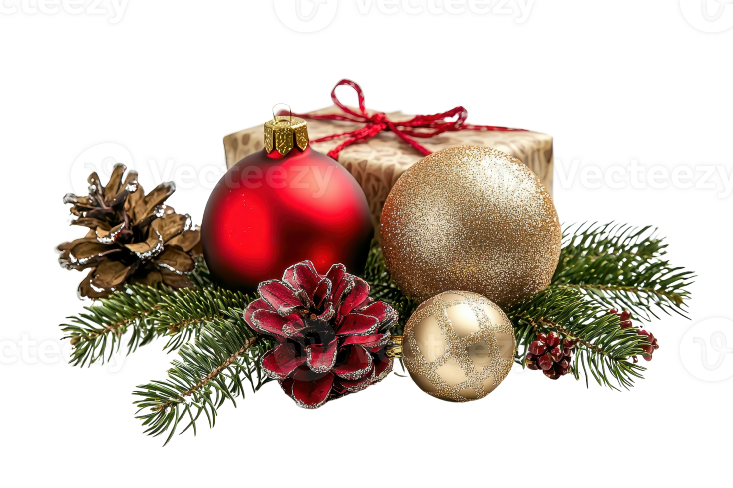 Festive Christmas decorations with ornaments, pinecones, and gift box placed on pine branches, perfect for holiday season themes. png