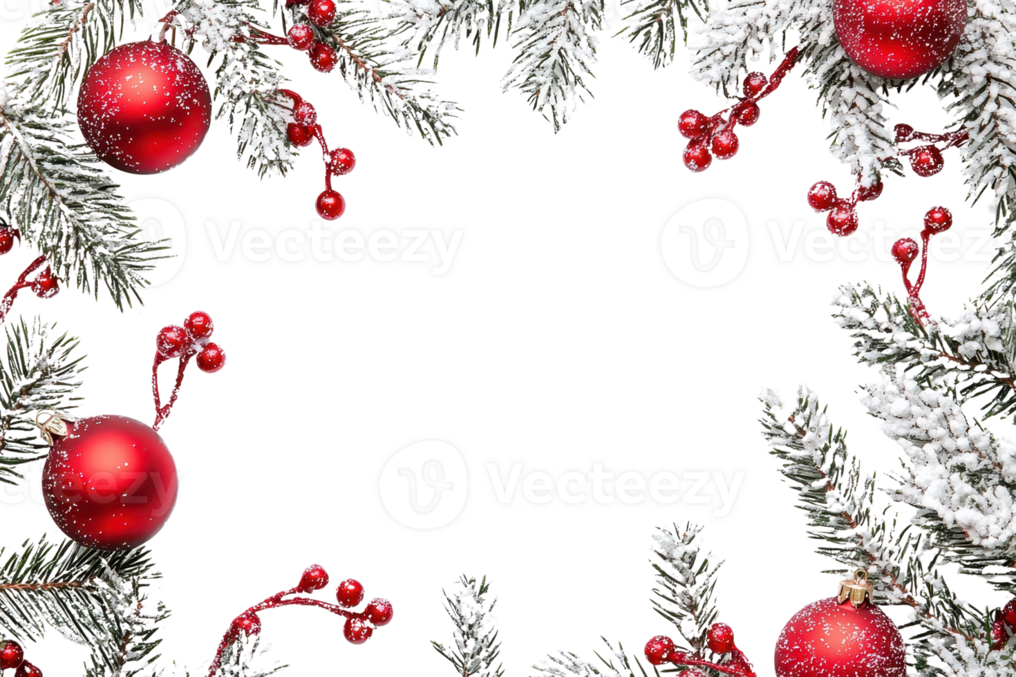 Festive Christmas frame with frosted pine branches, red ornaments, and berries, perfect for holiday greetings and seasonal decorations. png