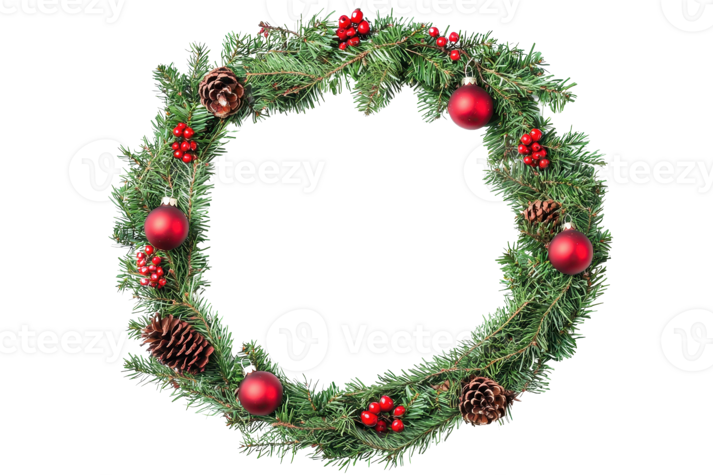 Festive Christmas wreath adorned with red ornaments, pine cones, and greenery, perfect for holiday decor and seasonal celebrations. png