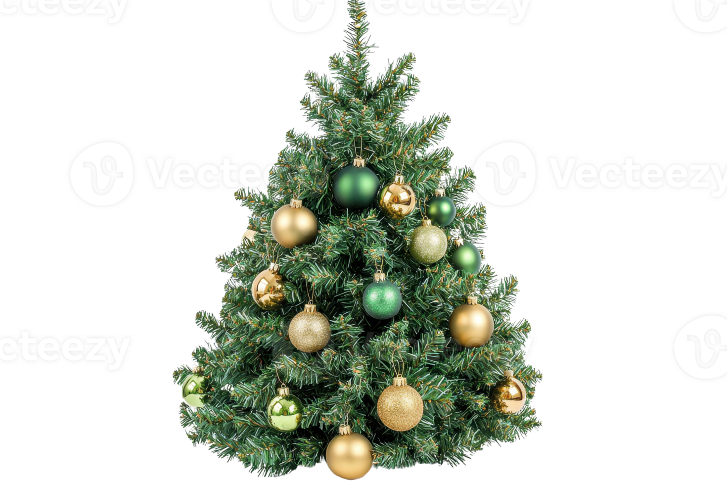 Festive Christmas tree decorated with green and gold ornaments, perfect for holiday celebrations and winter decorations. png