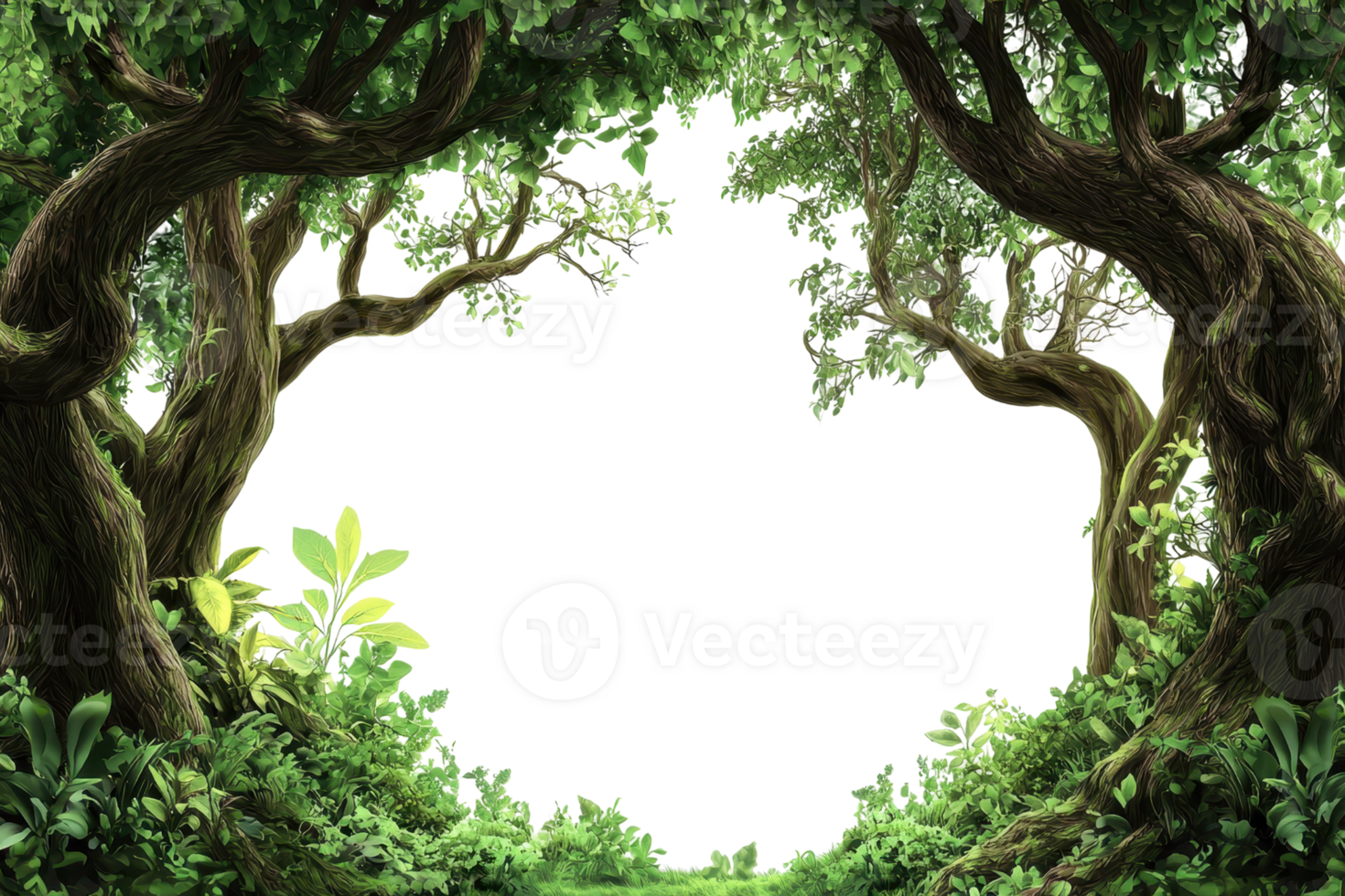 Enchanted forest frame with lush green trees forming a natural arch, creating a mystical and inviting atmosphere in nature. png