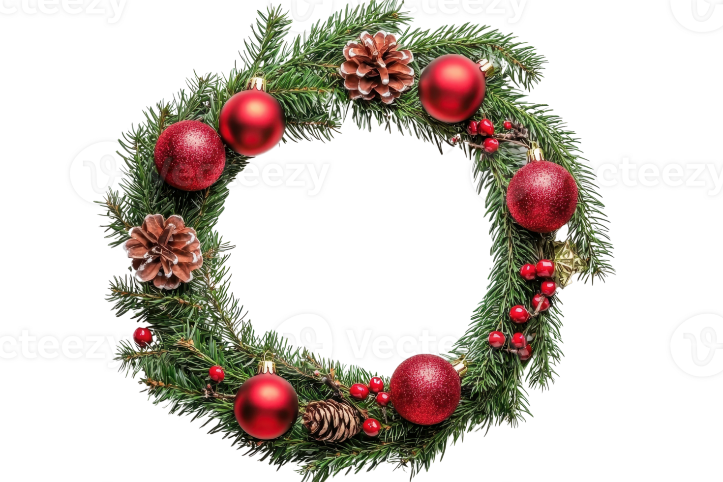 Festive Christmas wreath adorned with red baubles, pinecones, and greenery, perfect for holiday decoration and welcoming the festive season. png