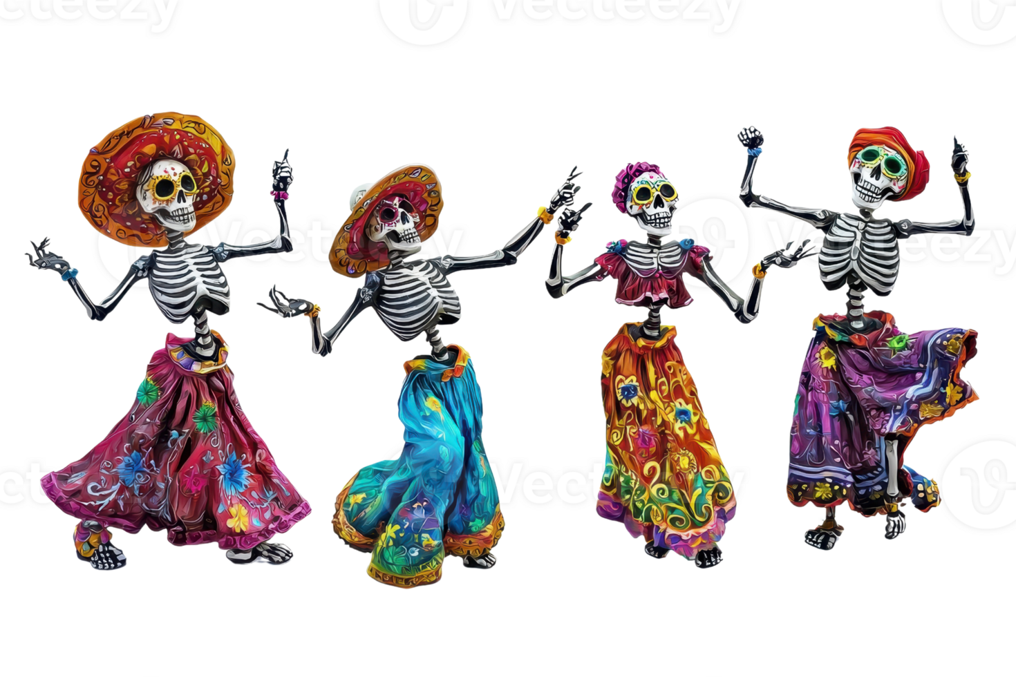 Four colorful skeleton figures dressed in vibrant traditional attire dancing joyfully, celebrating the Day of the Dead festival. png