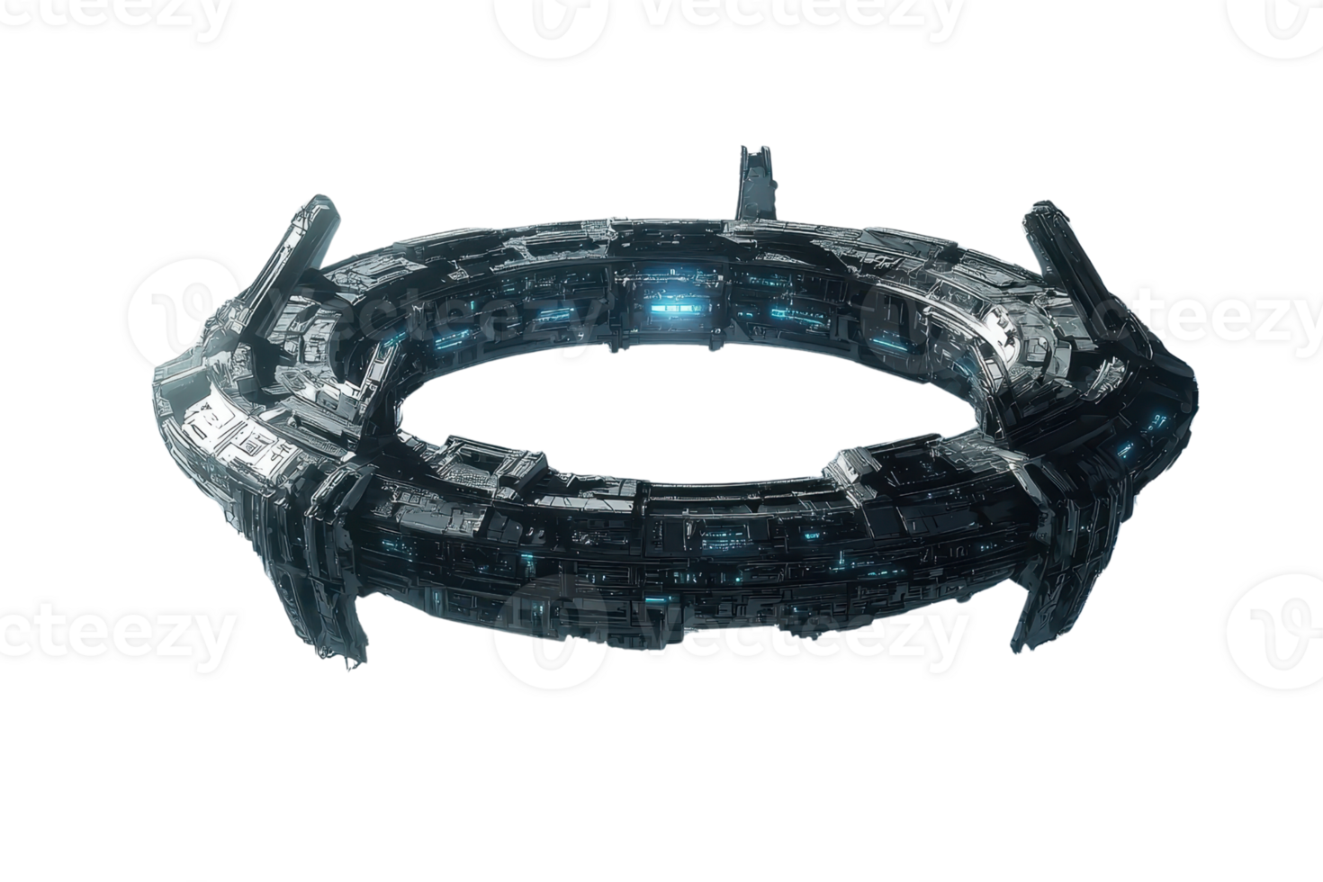 Futuristic circular space station with intricate metal design, glowing blue lights. Perfect for sci-fi themes and advanced technology concepts. png