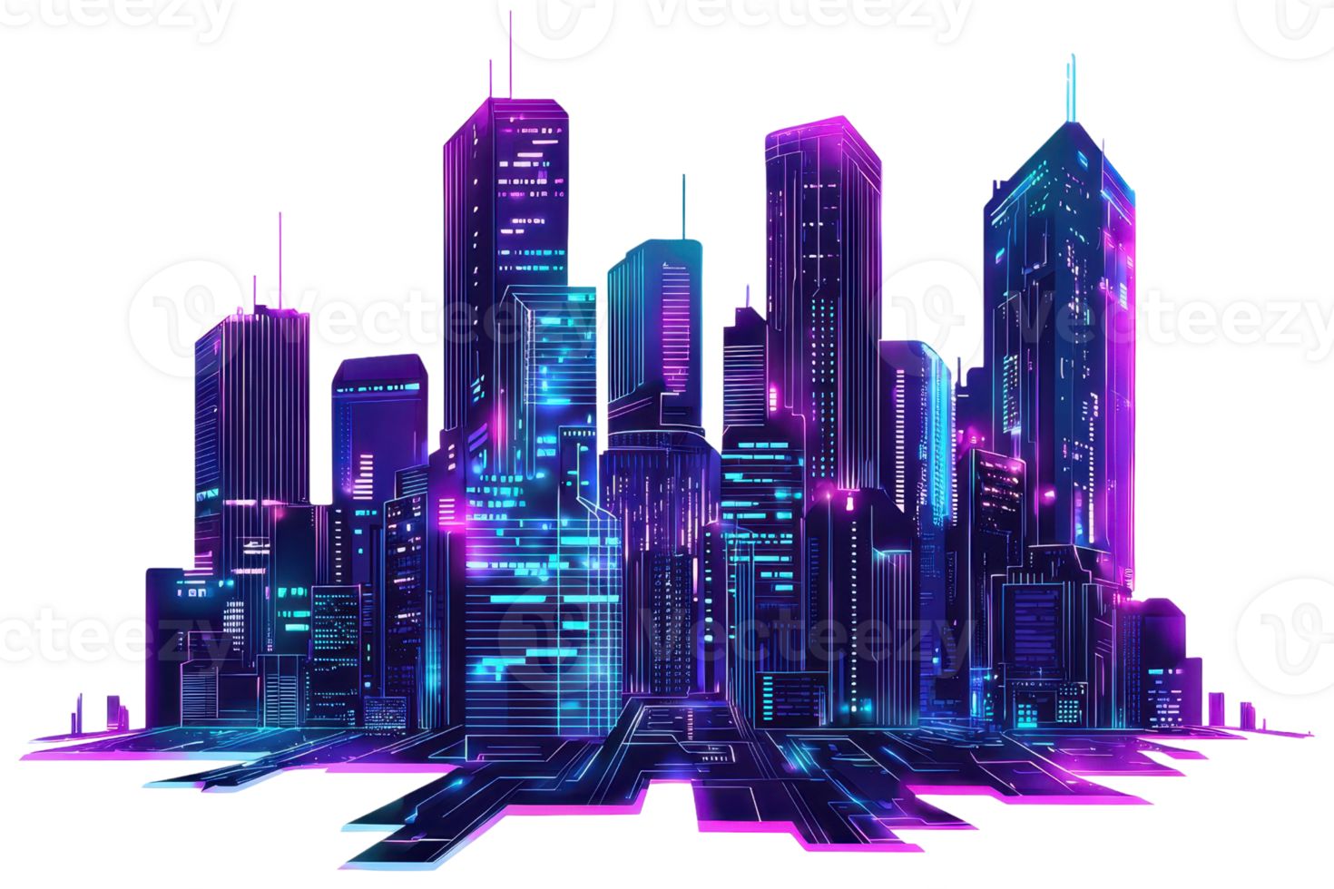 Futuristic cityscape with neon lights and towering skyscrapers, showcasing a vibrant, digital metropolis at night in cyberpunk style. png