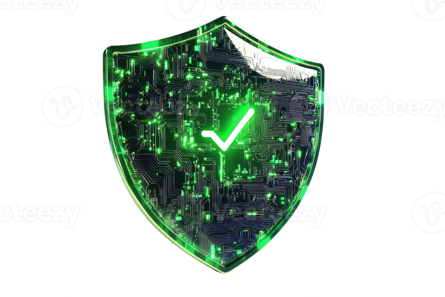 Glowing green digital shield with check mark, representing cybersecurity and data protection against cyber threats in a tech-driven world. png