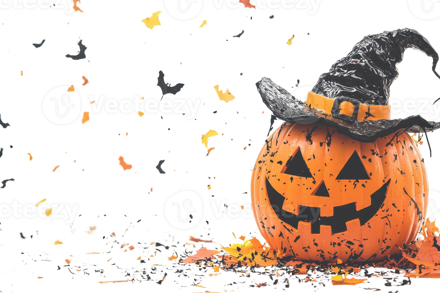 Halloween pumpkin with a witch hat surrounded by floating leaves and sparkles, perfect for festive fall celebrations and spooky decor. png